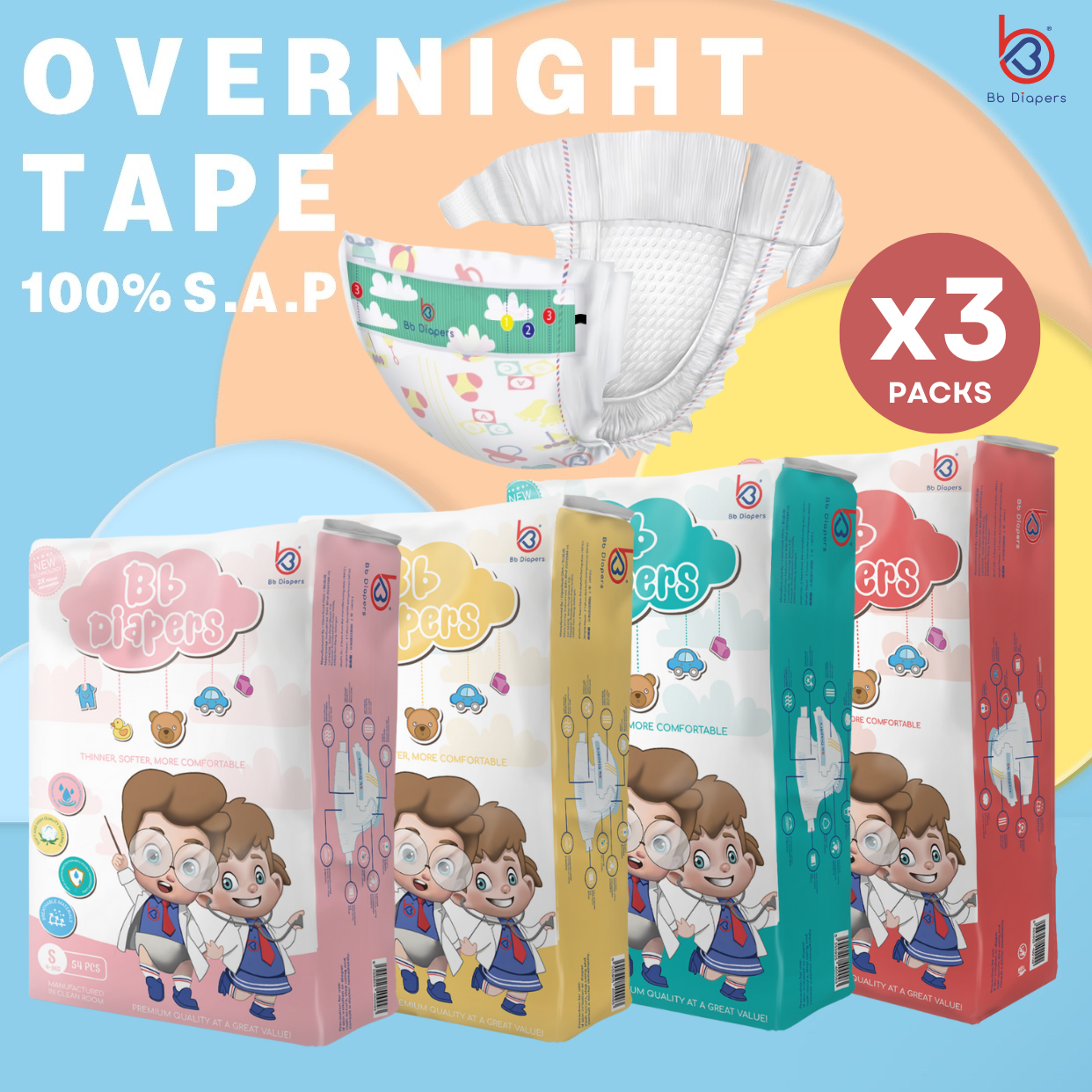 Bb Diapers 3 Packs Bundle (Tape) - Bb Diapers - Ultra-thin Overnight ...